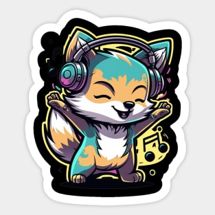 cute happy wolf wearing headphones music Sticker